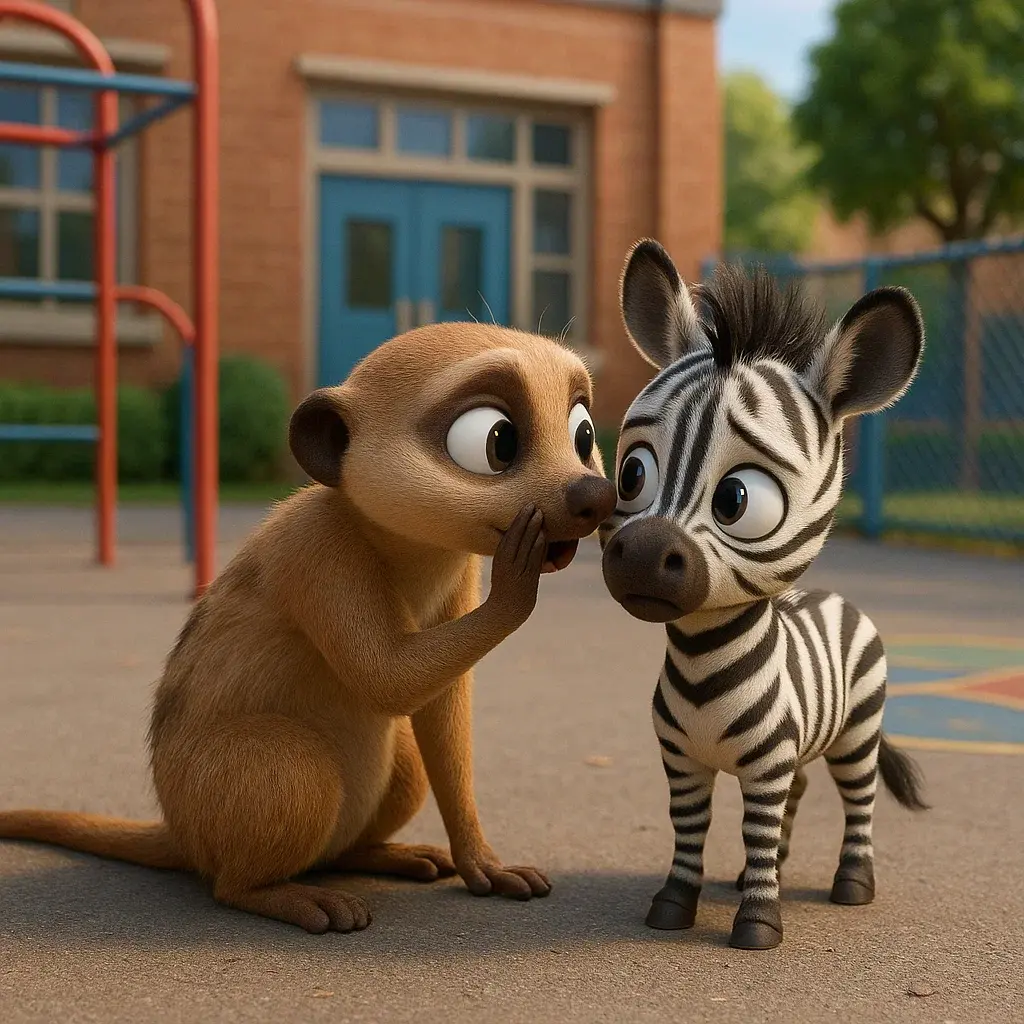Petit zèbre et suricate dans la cour de récréation